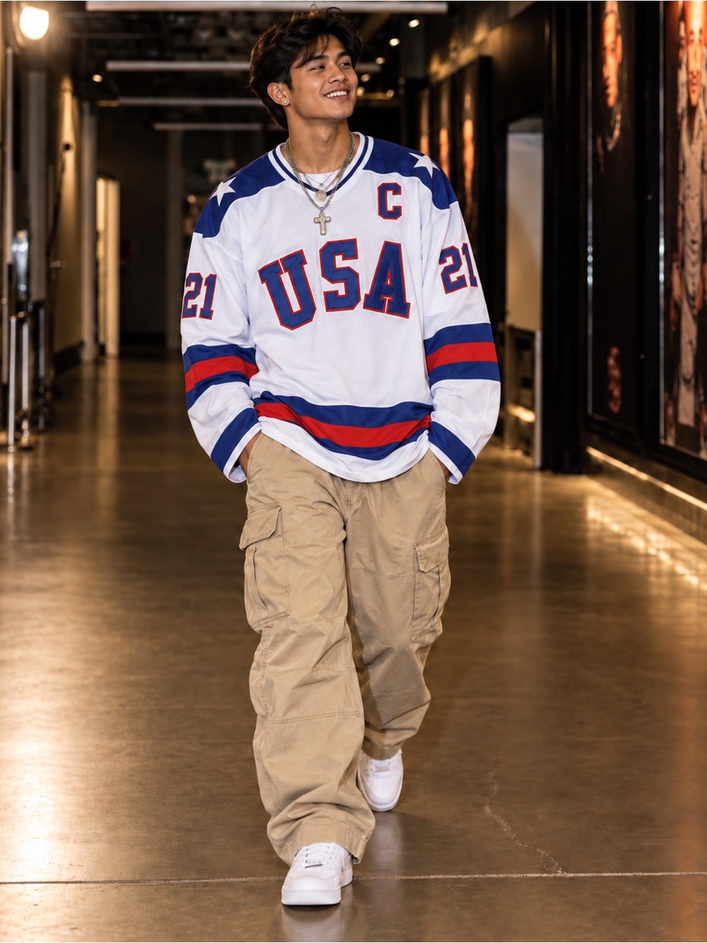USA Hockey Jersey #21 Eruzione Captain C White Red Blue Oversized Streetwear